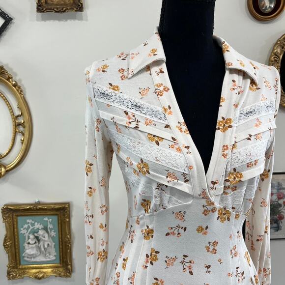 Free People Cream Floral Lace Trim Long Sleeve Mini Dress - Picture 2 of 6